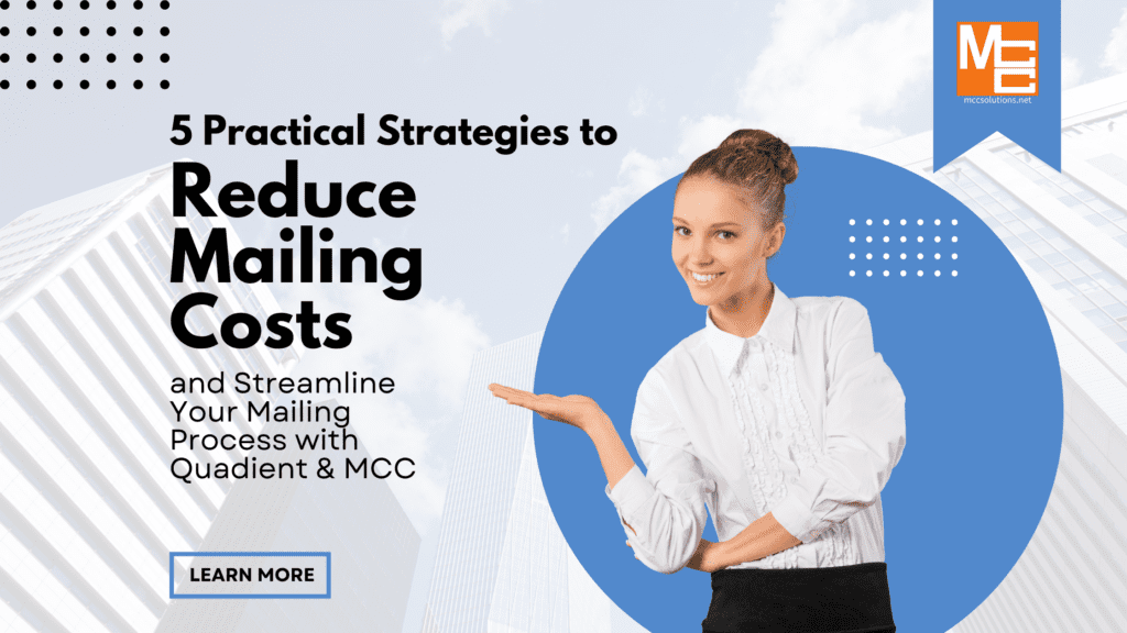 Title graphic for the mcc blog post titled 5 practical strategies to reduce mailing costs. The graphic shows a woman pointing to the title of the blog post.