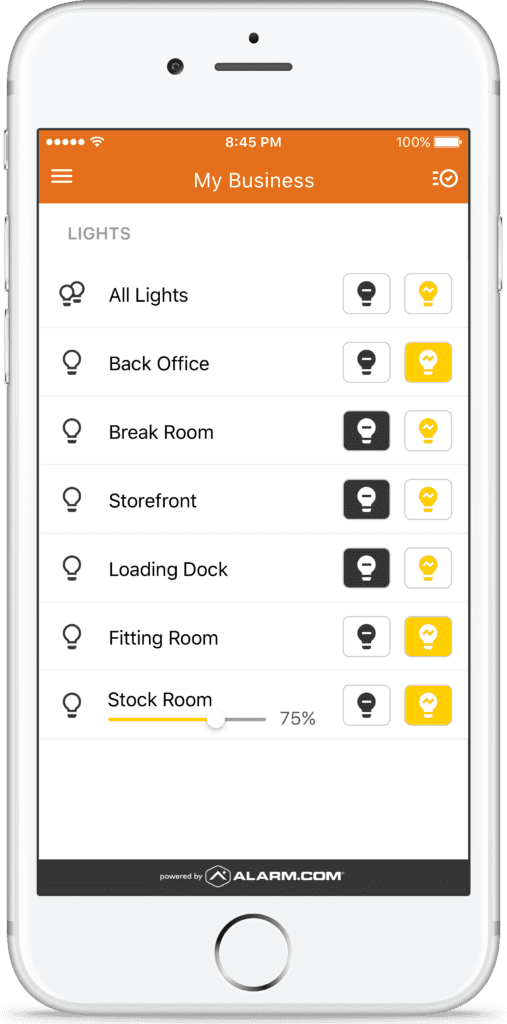 An image of an iphone showing the mcc secure, powered by alarm. Com, mybusiness dashboard that gives business owners the ability to turn lights on/off remotely from anywhere.