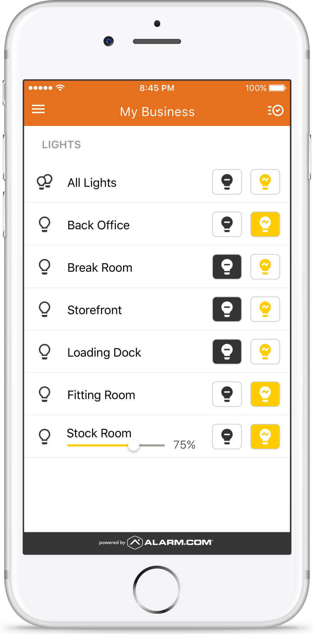 An image of an iphone showing the mcc secure, powered by alarm. Com, mybusiness dashboard that gives business owners the ability to turn lights on/off remotely from anywhere.