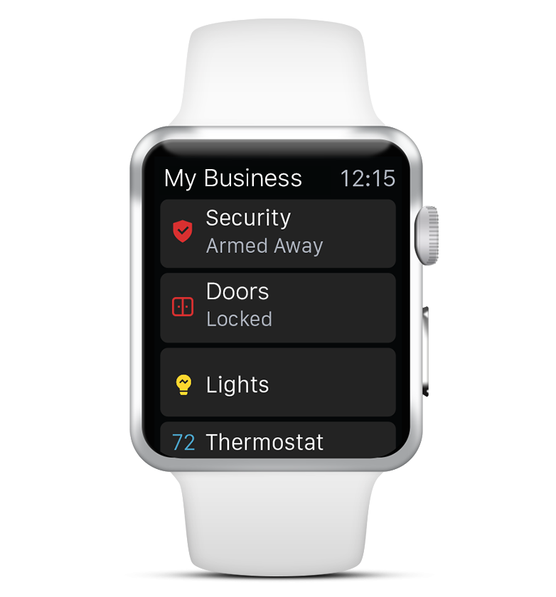 Mcc secure, powered by alarm. Com, business security camera system dashboard notifications on a smart watch