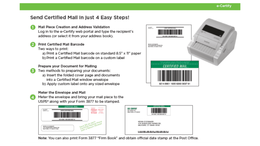 Quadient graphic showing how easy it is to use certified mail in 4 easyt steps - connectsuite e-certify mailing software