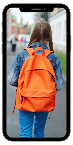 Girl with orange backpack walking away on a cell phone mock-up - education technology solutions