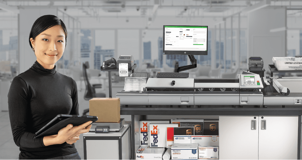 Woman standing in front of the quadient ix-9 smart mailing system