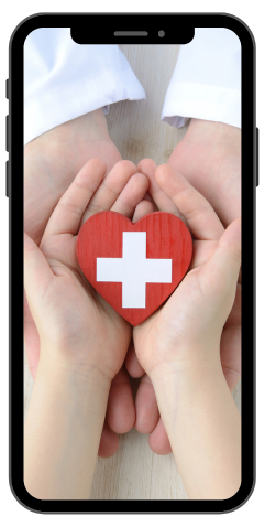 Iphone medical healthcare image of doctor and children's hands holding a red heart with a white cross for the mcc healthcare technology solutions page.