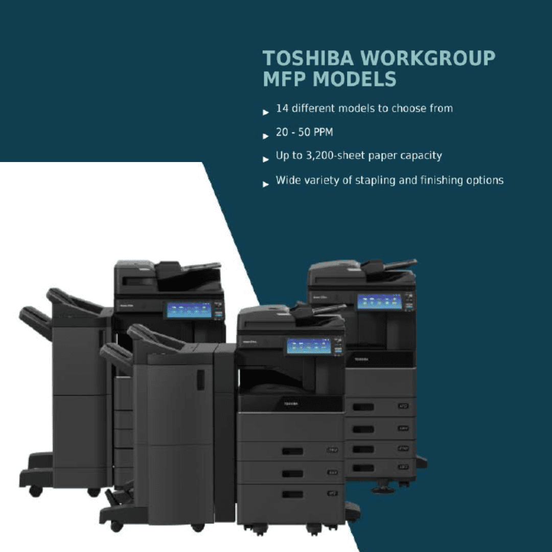 Graphic showing three toshiba copiers in the toshiba workgroup mfp model series