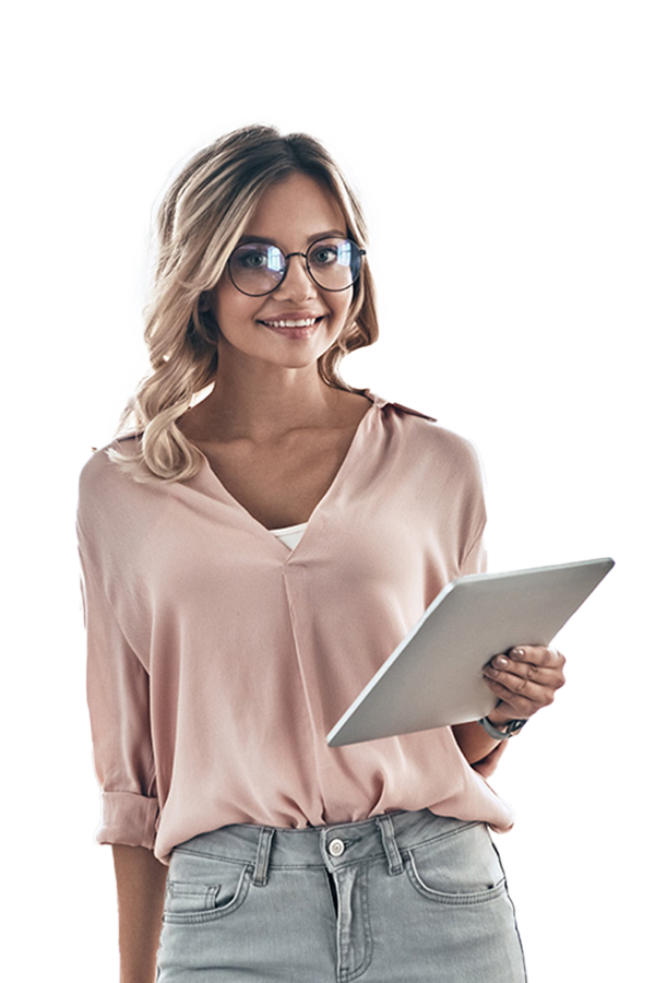 Woman in pink top holding a computer tablet