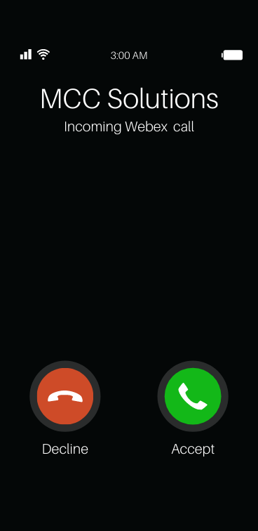 Mobile phone screen showing a webex call from mcc solutions