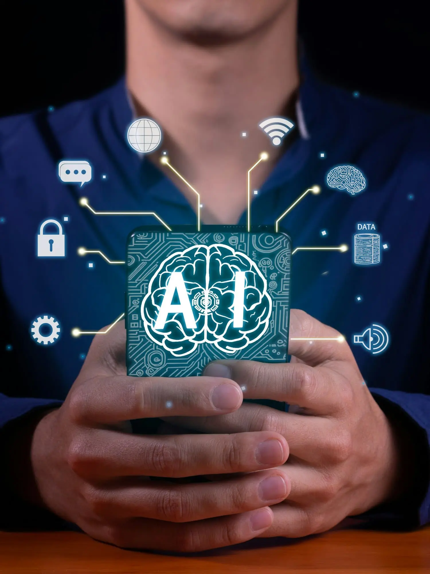 Vertical photo of a man who uses artificial intelligence inside a cell phone to manage his network