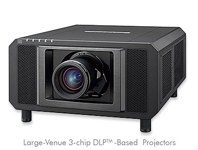 Image displaying the panasonic large-venue 3-chip dlp-based laser projector, a key component in mcc's audio visual solutions. Its sleek design and high-tech features represent the advanced technology used to enhance presentations and events with superior visual quality.