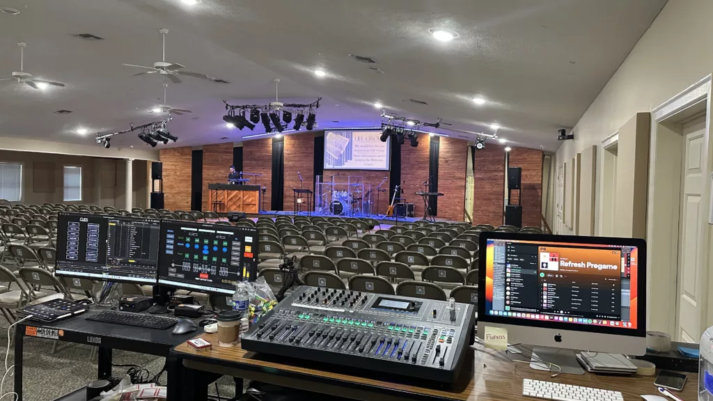 Av installation at the first baptist flora church including lighting systems, sound systems, and video production systems