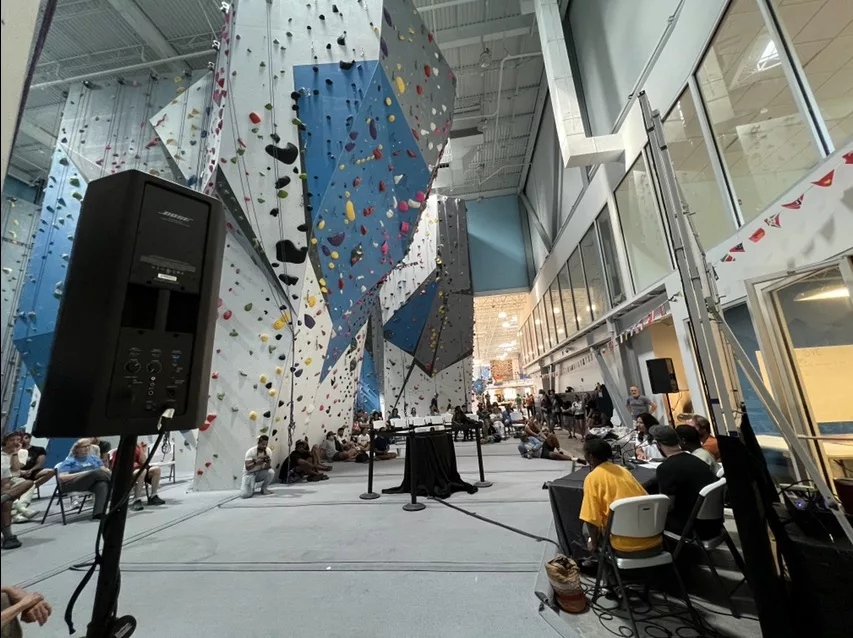 Mcc av rentals for a rock-wall climbing event. The av rental includes sound systems with speakers and microphones.