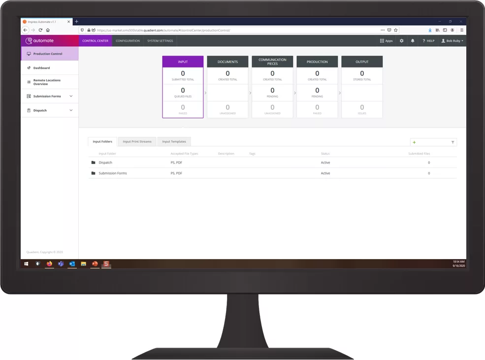 Computer screen showing the quadient impress automate mailing software dashboard