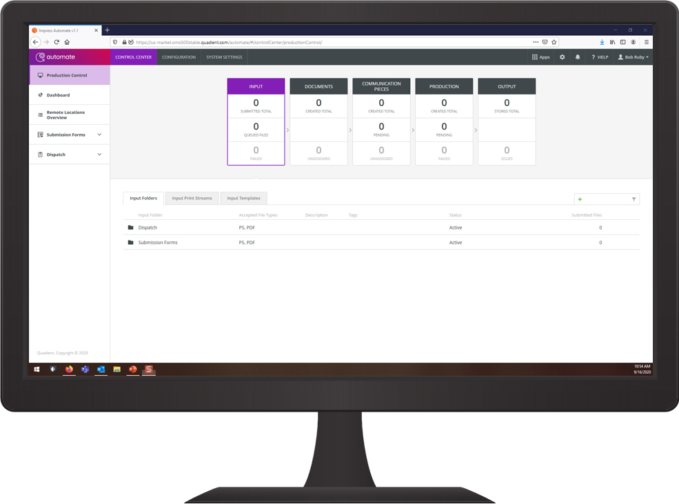 Computer screen showing the quadient impress automate mailing software dashboard