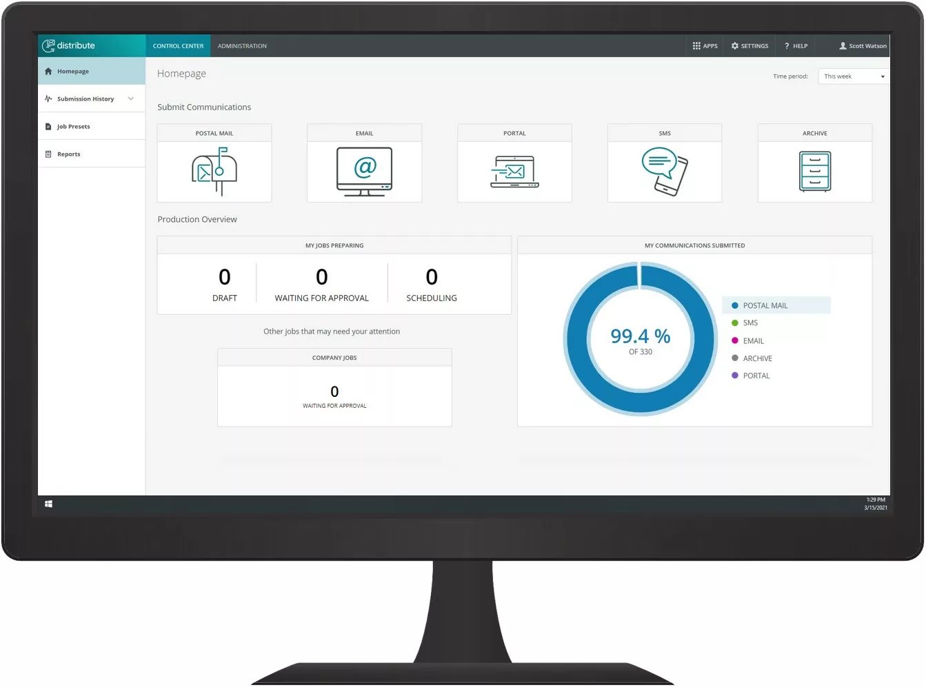 Image of a computer screen showing the quadient impress distribute dashboard