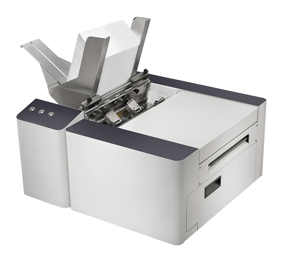 Image of a quadient mach-5 address printer. The printer, known for its high-speed and precision, is displayed in a clear and detailed manner, showcasing its sleek design and advanced features that make it an essential tool for efficient mail processing.