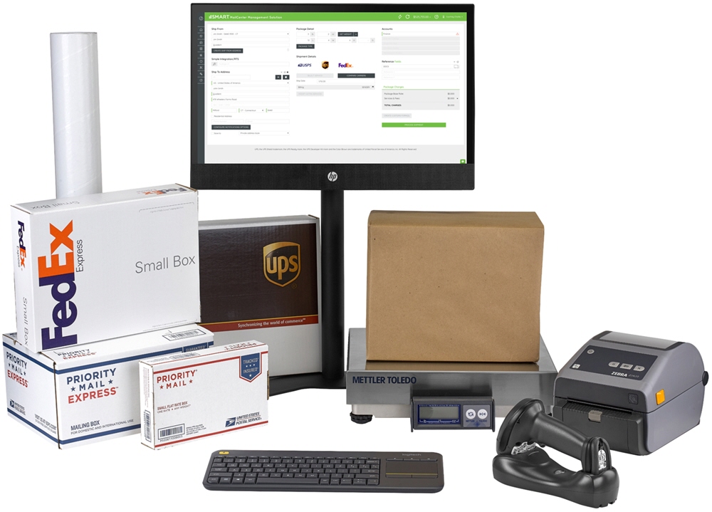 Image of quadient s. M. A. R. T. Mailing software with scanners, scales, and fedex and ups packages