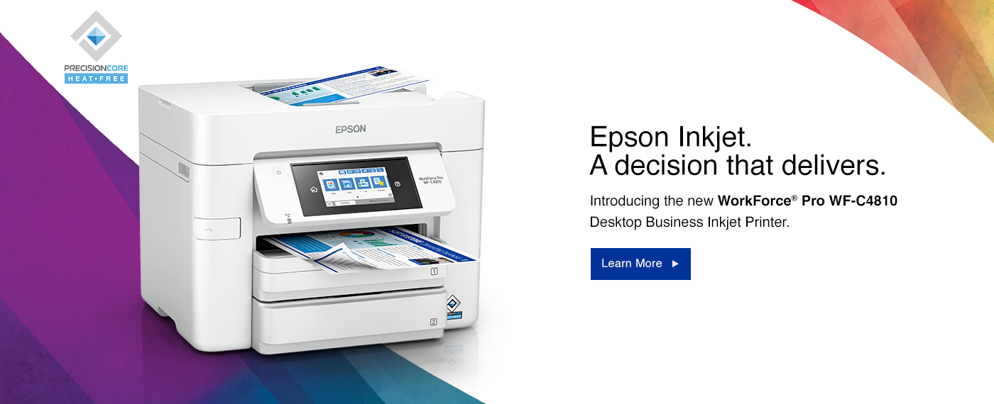 Advertising image for the epson workforce pro wf-c4810 desktop business inkjet printers. The image highlights the sleek, compact design of the commercial printer, with its large paper capacity trays and intuitive control panel clearly visible. The epson logo and the model name are prominently displayed, emphasizing the printer's high-quality performance and efficiency for business use.