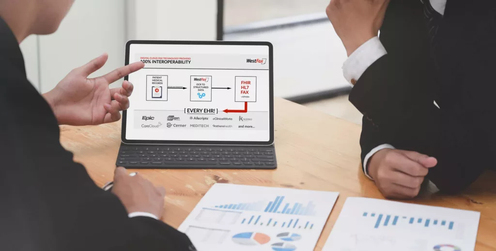 Two business people looking at the westfax digital fax dashboard