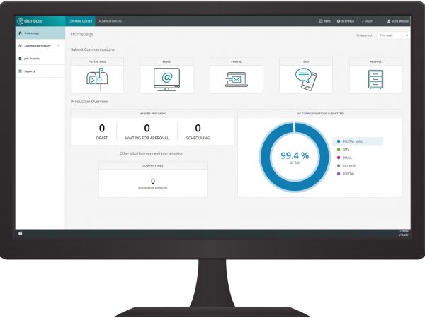 Image of a computer screen showing the Quadient Impress Distribute dashboard