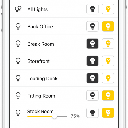 An image of an iPhone showing the MCC Secure, powered by alarm.com, MyBusiness dashboard that gives business owners the ability to turn lights on/off remotely from anywhere.