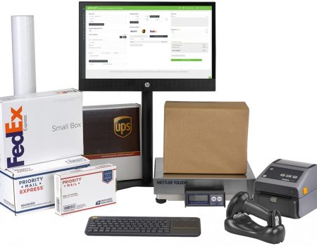 Image of Quadient S.M.A.R.T. mailing software with scanners, scales, and FedEx and UPS packages