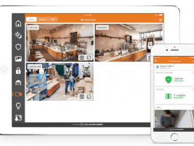 An iPad and iPhone showing the MCC Secure business security cameras on the app dashboard